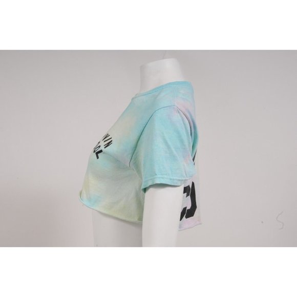 Livin Cool Womens Crop Top Size Small Blue Yellow Tie Dye Cotton T Shirt Raw Hem - Picture 6 of 7